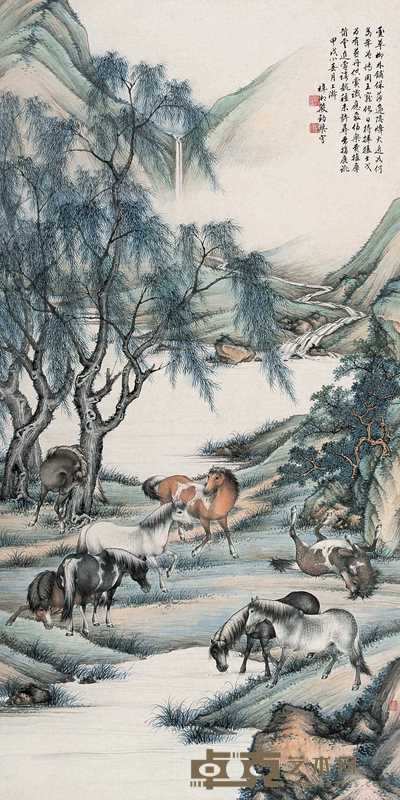 殷梓湘 1934年作 八骏图 立轴 132×66cm